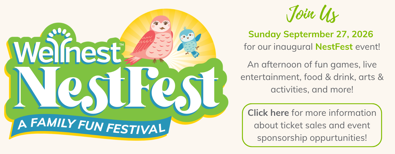 Join Us on Sunday Septermber 27, 2026 for the inagural NestFest! More info, ticket sales, & event shopsorships (2)